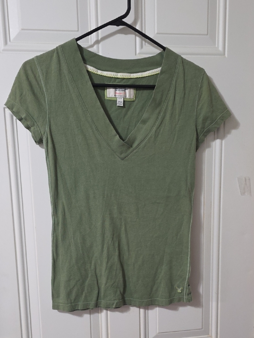 American Eagle Outfitters Women's Olive Green V-Neck Short Sleeve Top